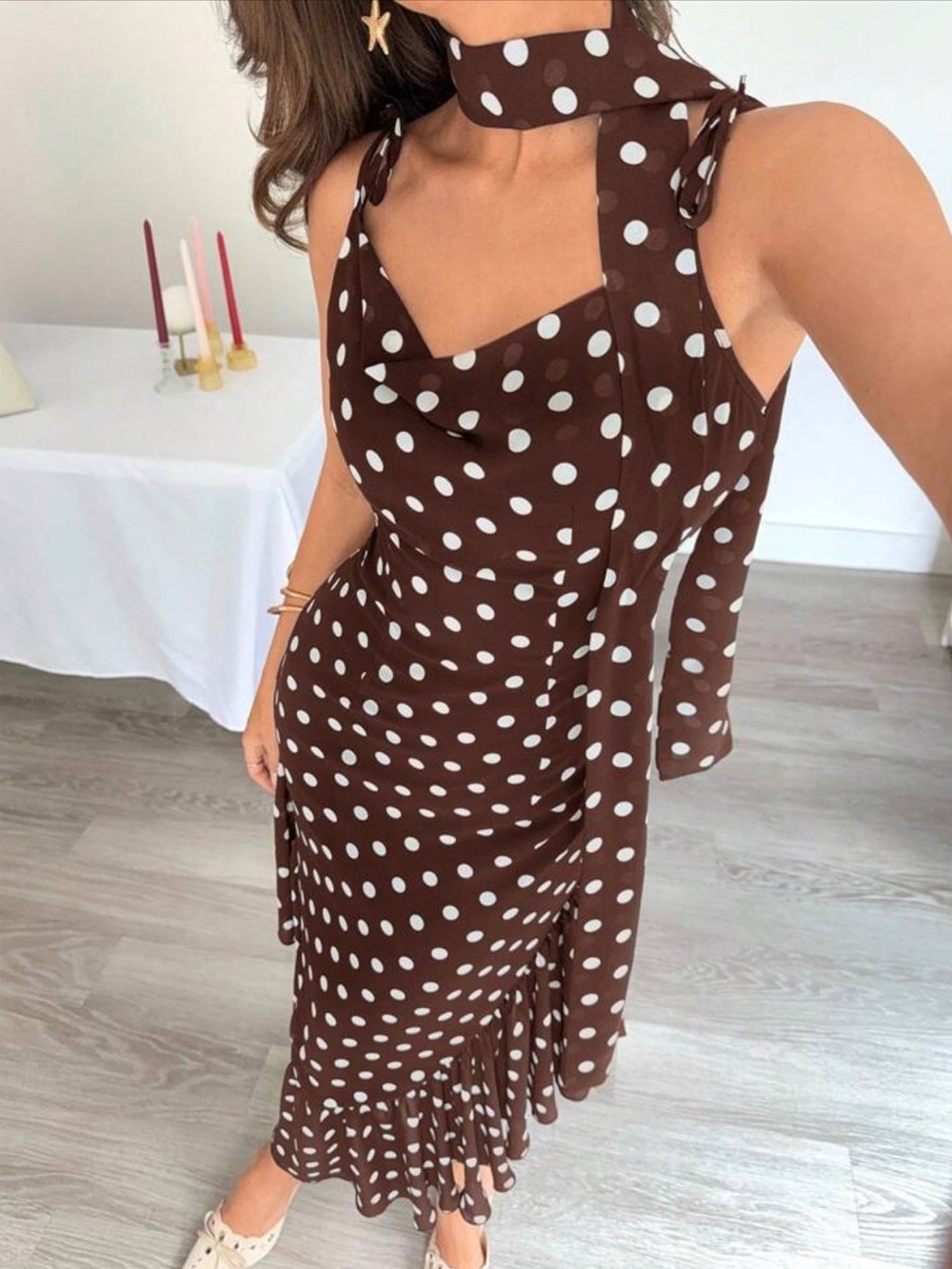 Brown Polka Dot Midi Dress